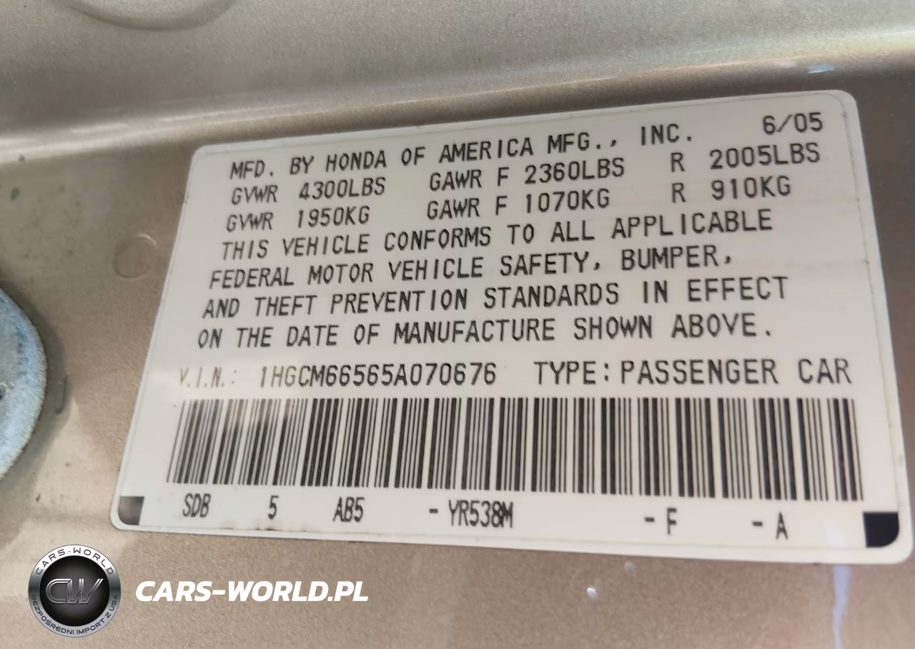 2005 Honda Accord 3.0 Ex VIN:1HGCM66565A070676 - 9
