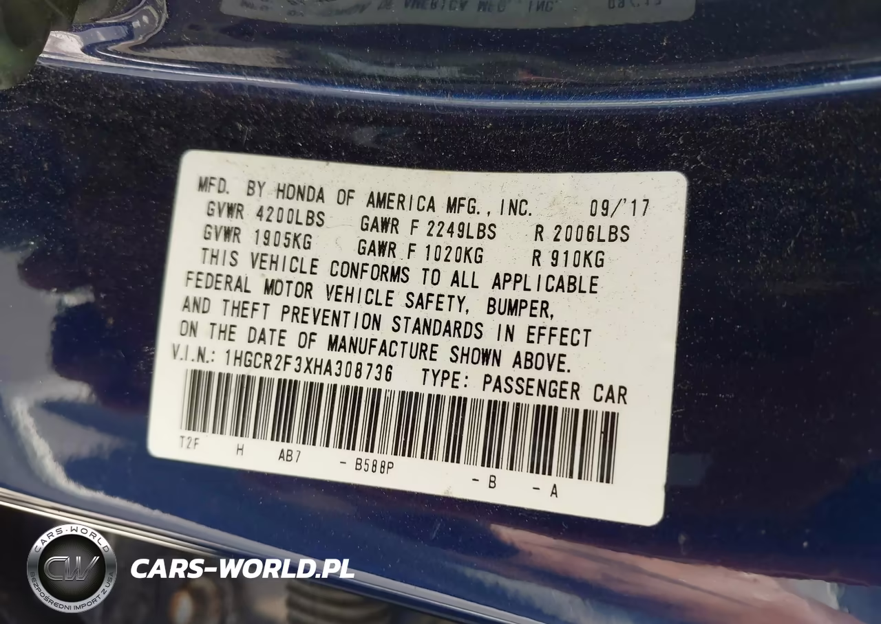 2017 Honda Accord Lx VIN:1HGCR2F3XHA308736 - 9
