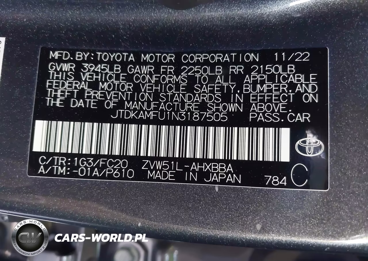 2022 Toyota Prius L VIN:JTDKAMFU1N3187505 - 9
