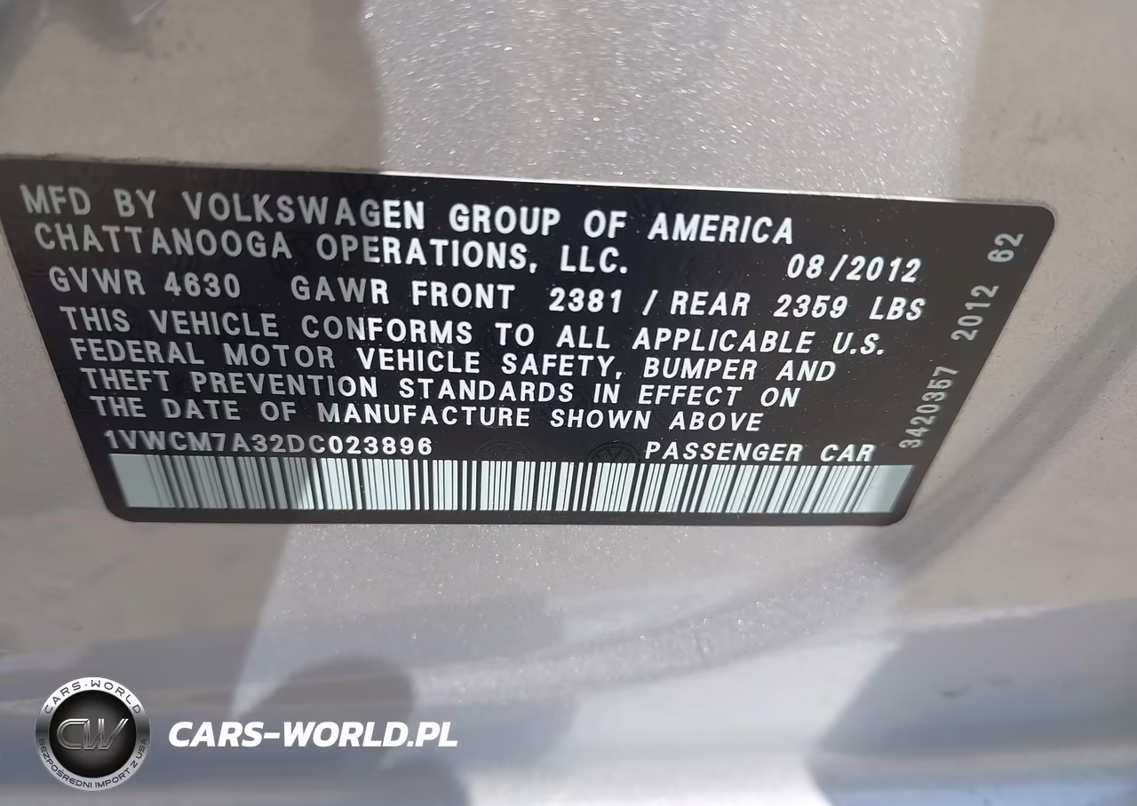 2013 Volkswagen Passat 3.6L V6 Sel Premium VIN:1VWCM7A32DC023896 - 9