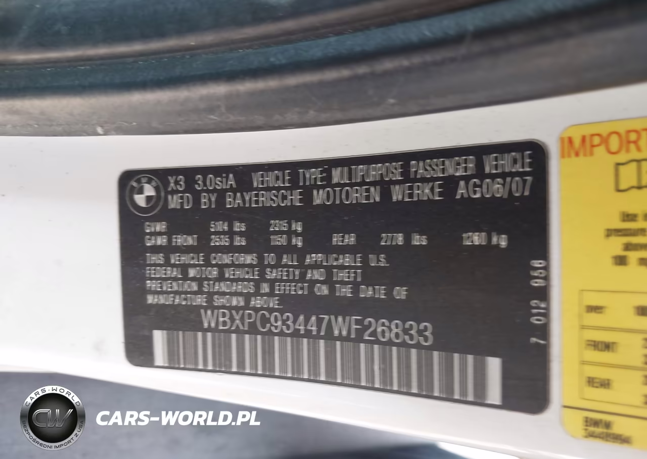 2007 BMW X3 3.0Si VIN:WBXPC93447WF26833 - 9