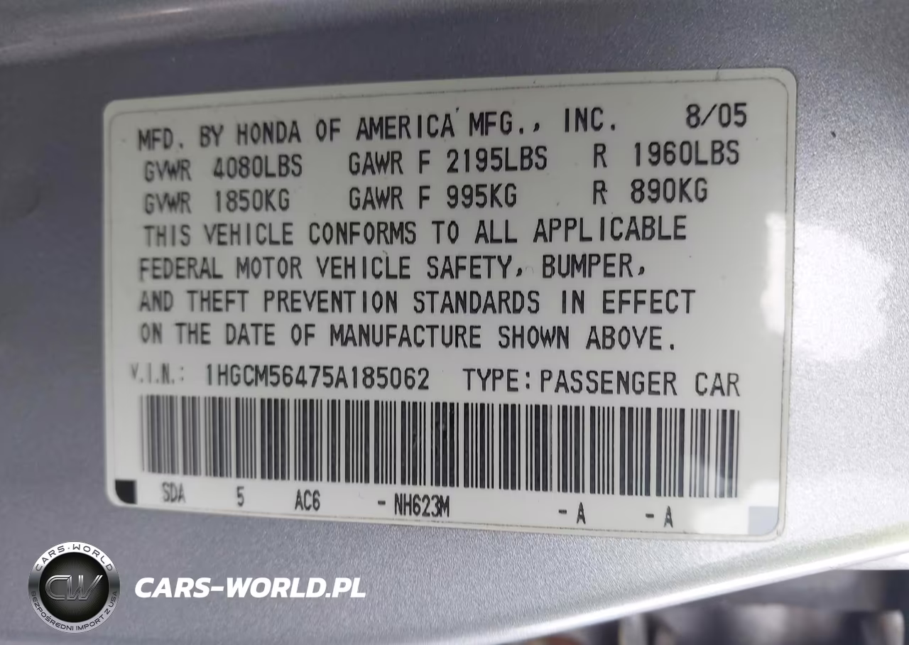 2005 Honda Accord 2.4 Lx VIN:1HGCM56475A185062 - 9