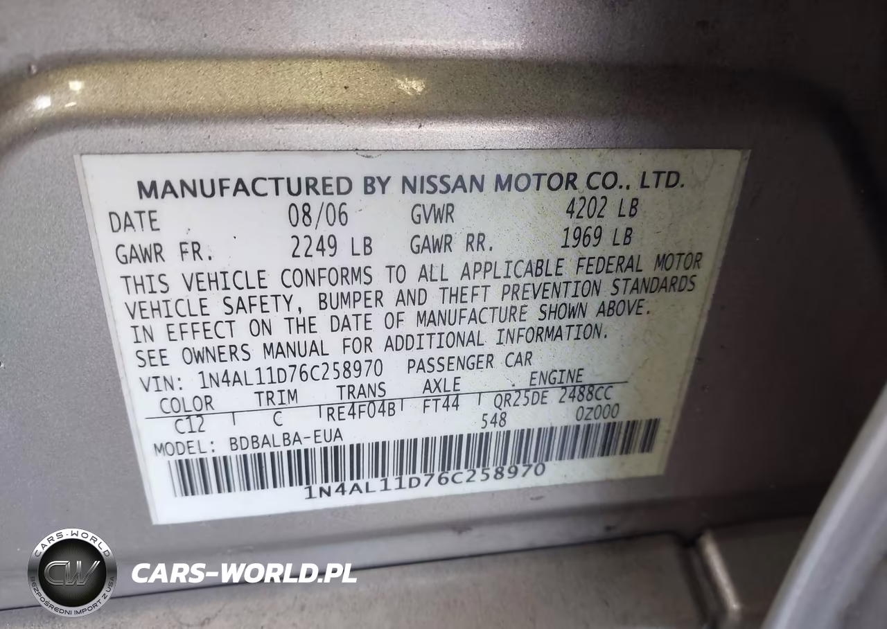 2006 Nissan Altima 2.5 S VIN:1N4AL11D76C258970 - 9