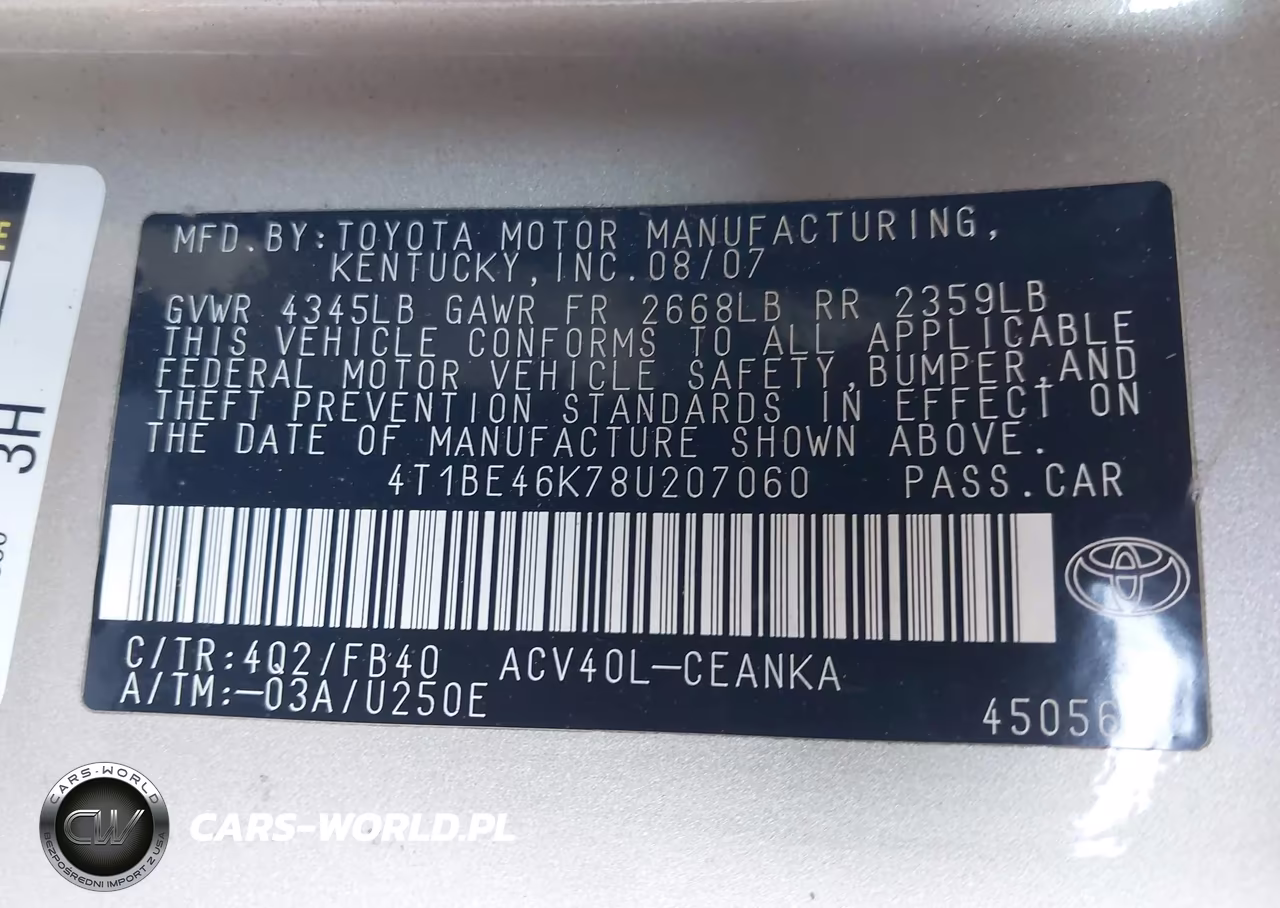 2008 Toyota Camry Le VIN:4T1BE46K78U207060 - 9