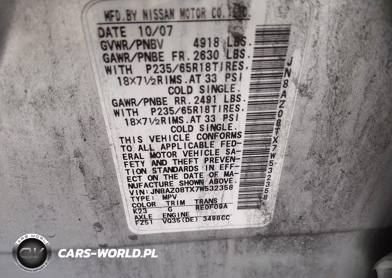 2007 Nissan Murano S VIN:JN8AZ08TX7W532358 - 9