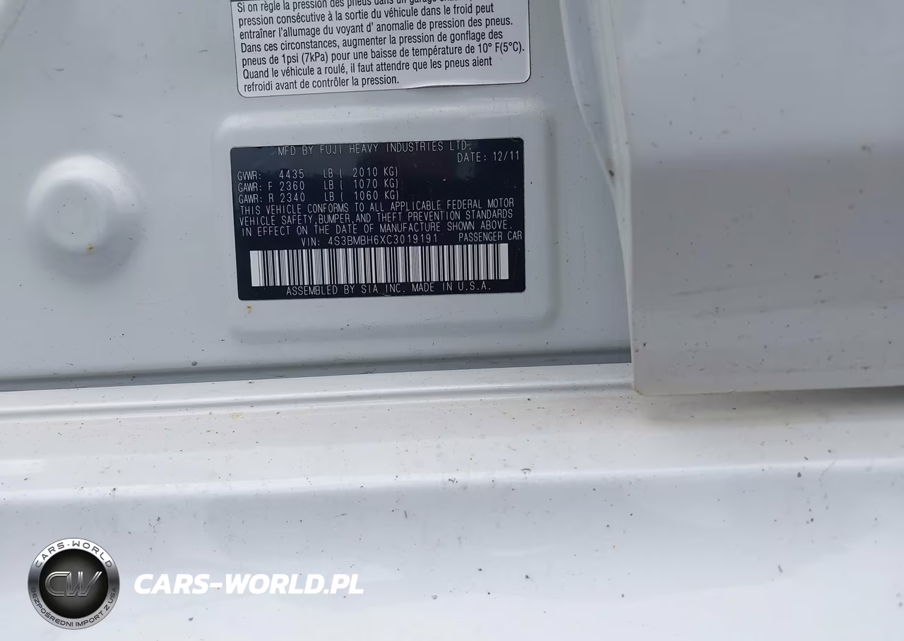 2012 Subaru Legacy 2.5I Premium VIN:4S3BMBH6XC3019191 - 9