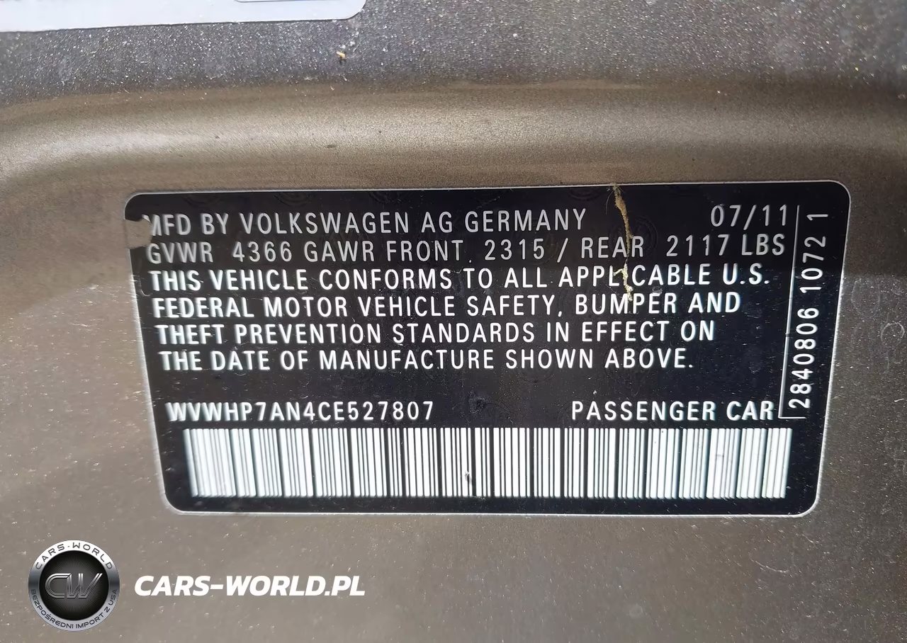2012 Volkswagen Cc Lux VIN:WVWHP7AN4CE527807 - 9
