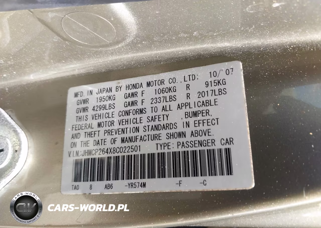 2008 Honda Accord 2.4 Lx-P VIN:JHMCP264X8C022501 - 9