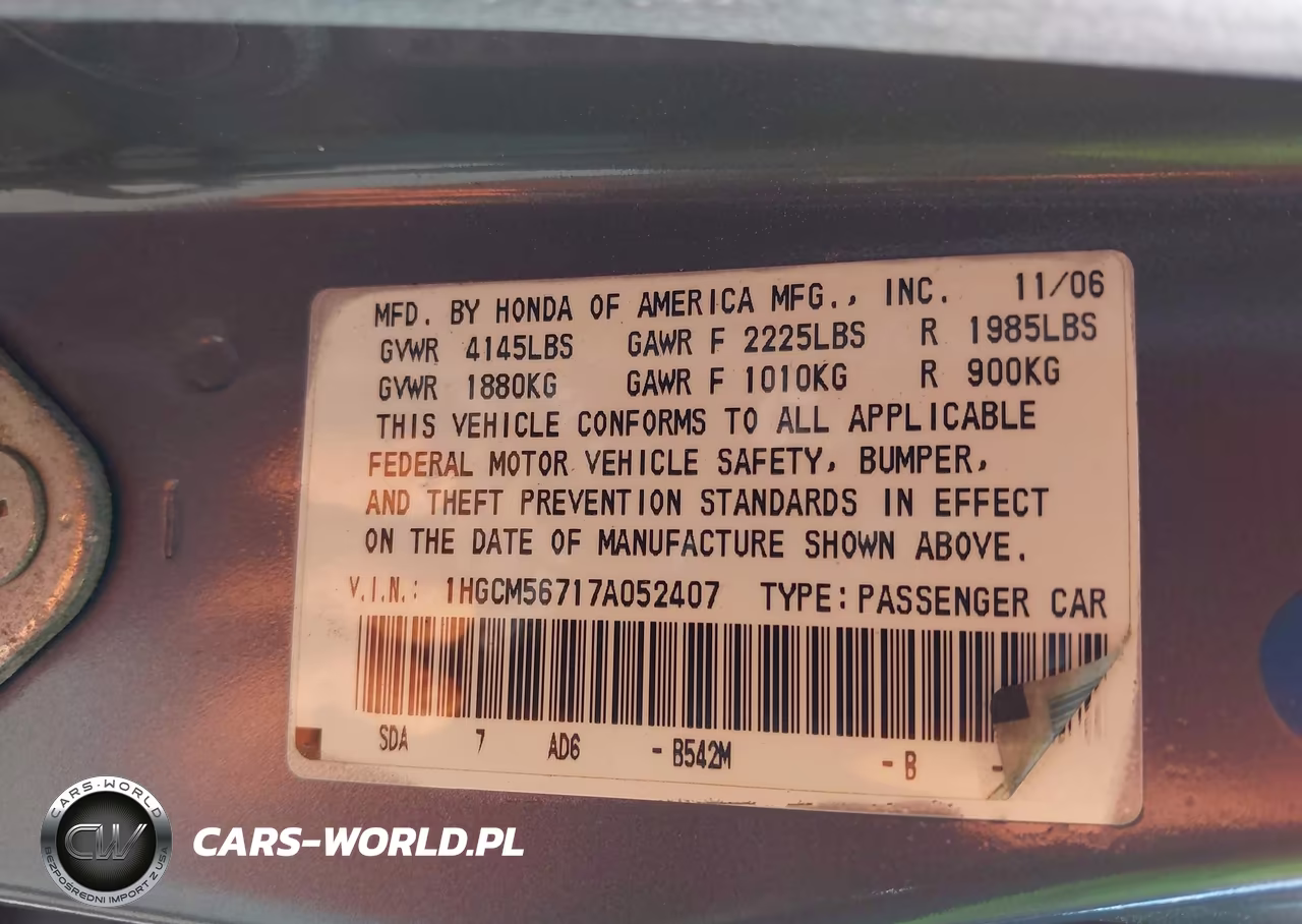 2007 Honda Accord 2.4 Ex VIN:1HGCM56717A052407 - 9