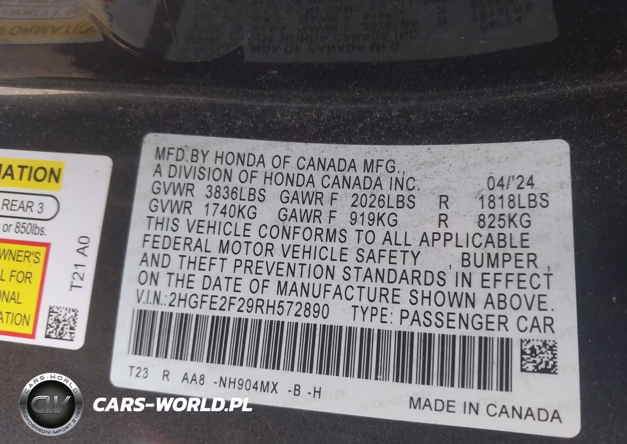 2024 Honda Civic Lx VIN:2HGFE2F29RH572890 - 9