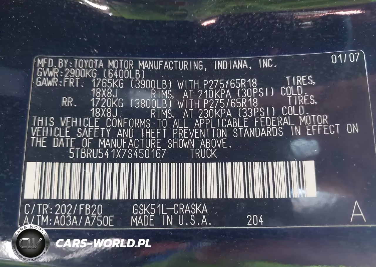 2007 Toyota Tundra Sr5 V6 VIN:5TBRU541X7S450167 - 9