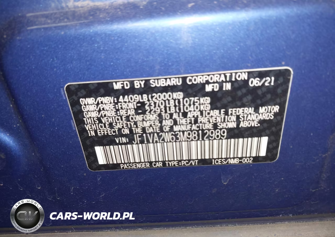 2021 Subaru Wrx Sti Limited VIN:JF1VA2W63M9812989 - 9