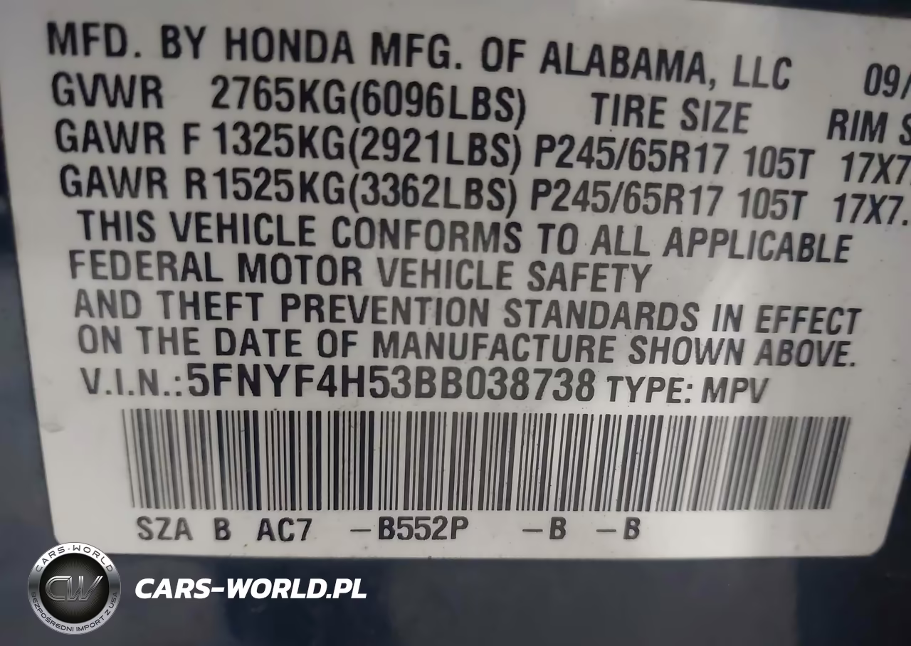 2011 Honda Pilot Ex-L VIN:5FNYF4H53BB038738 - 9