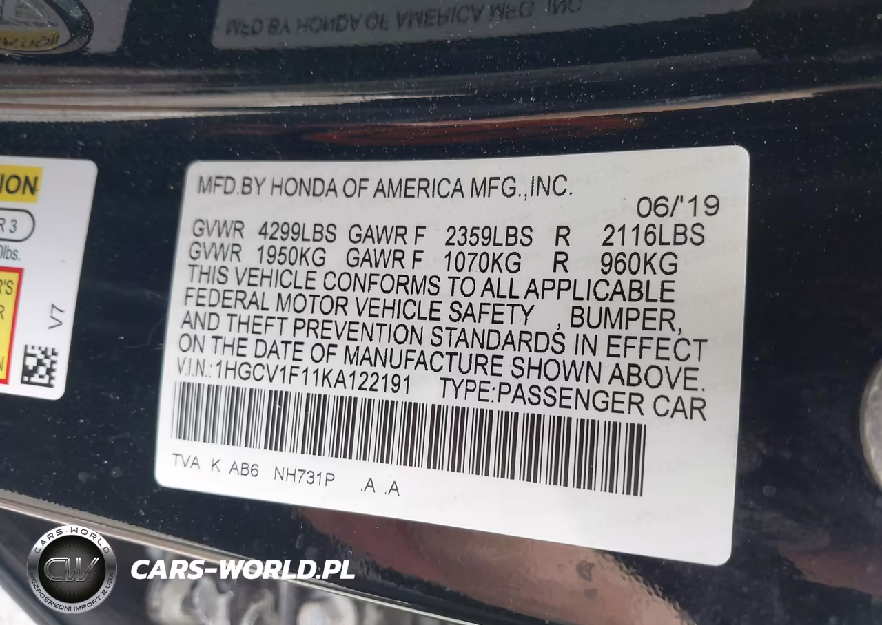 2019 Honda Accord Lx VIN:1HGCV1F11KA122191 - 9