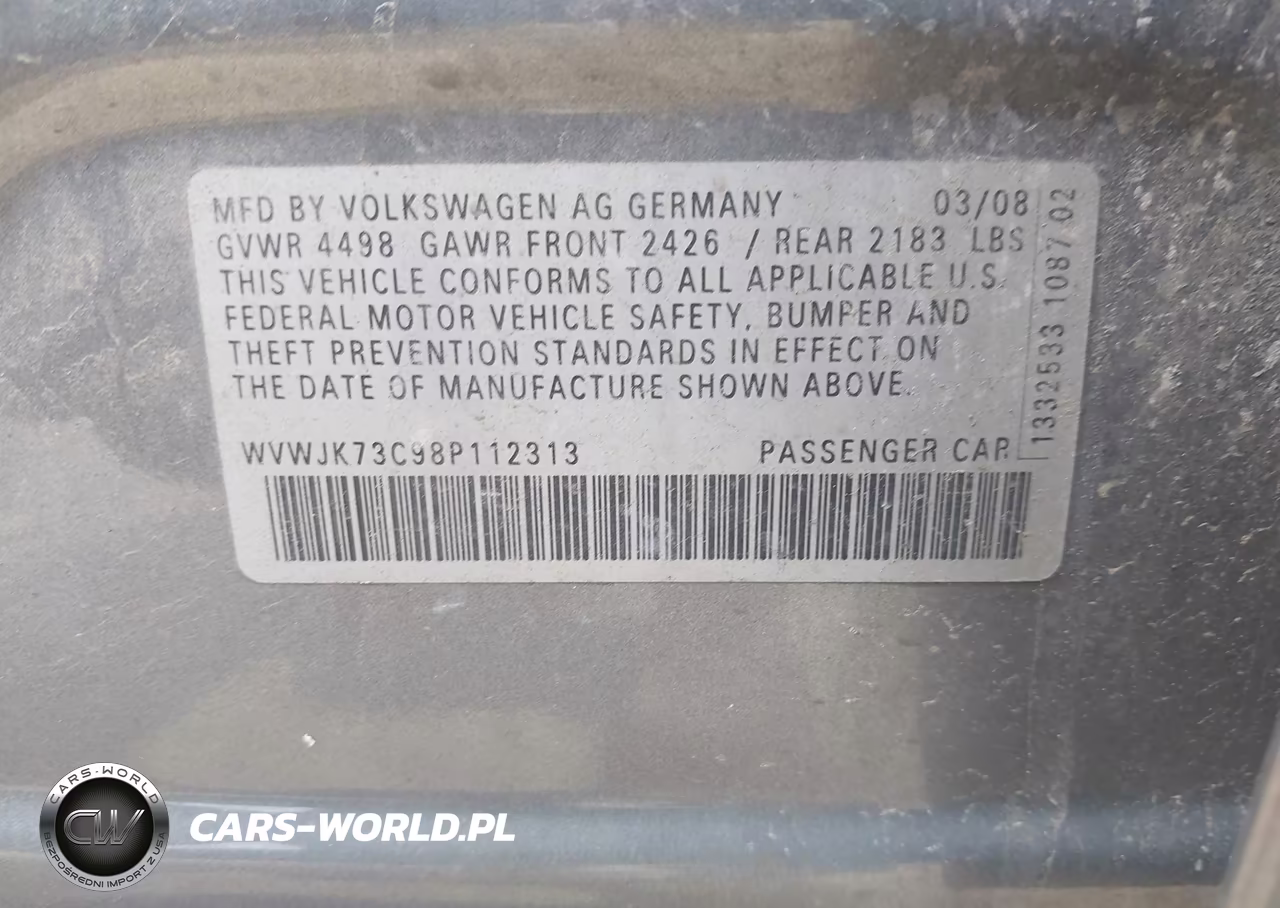 2008 Volkswagen Passat Turbo VIN:WVWJK73C98P112313 - 9