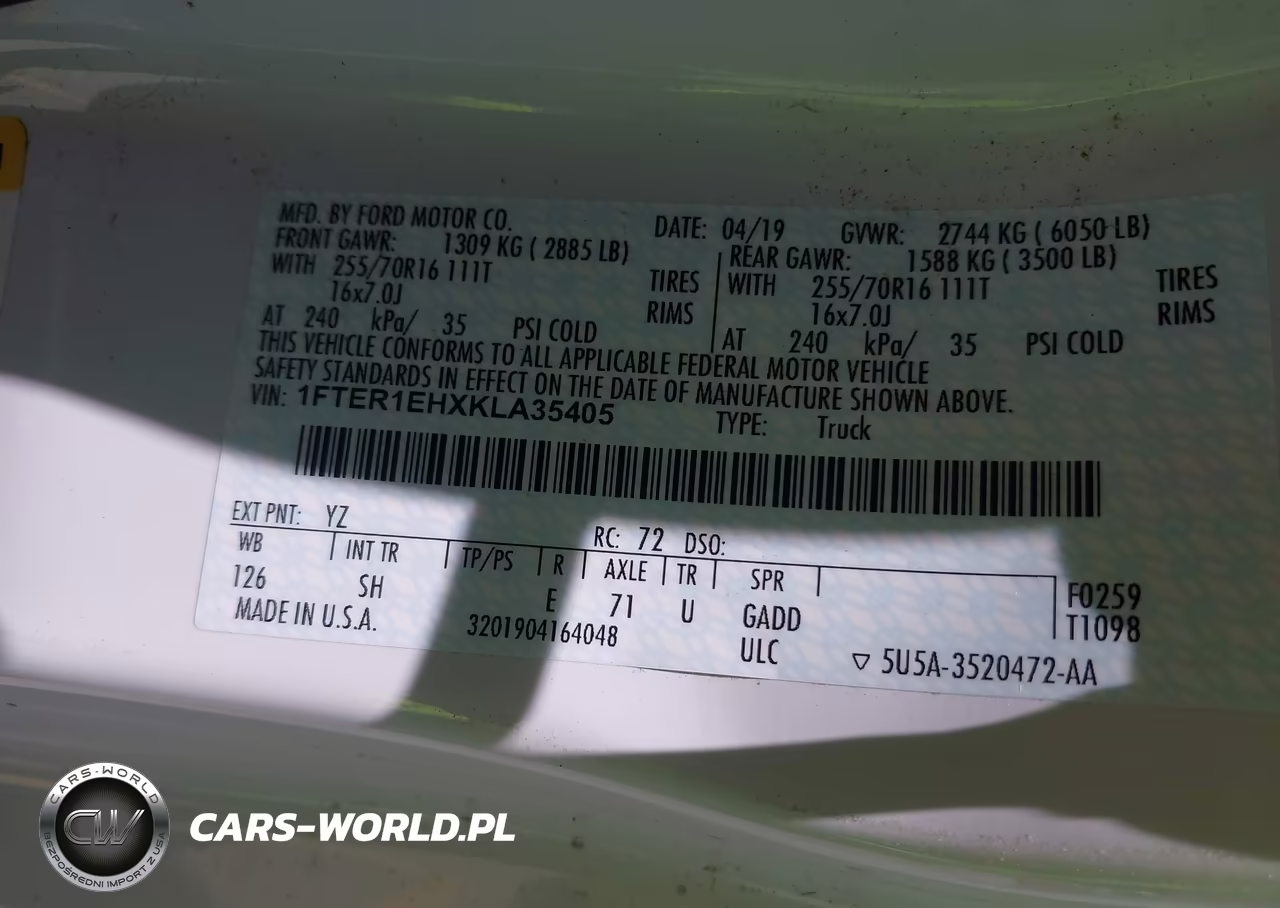 2019 Ford Ranger Xl VIN:1FTER1EHXKLA35405 - 9