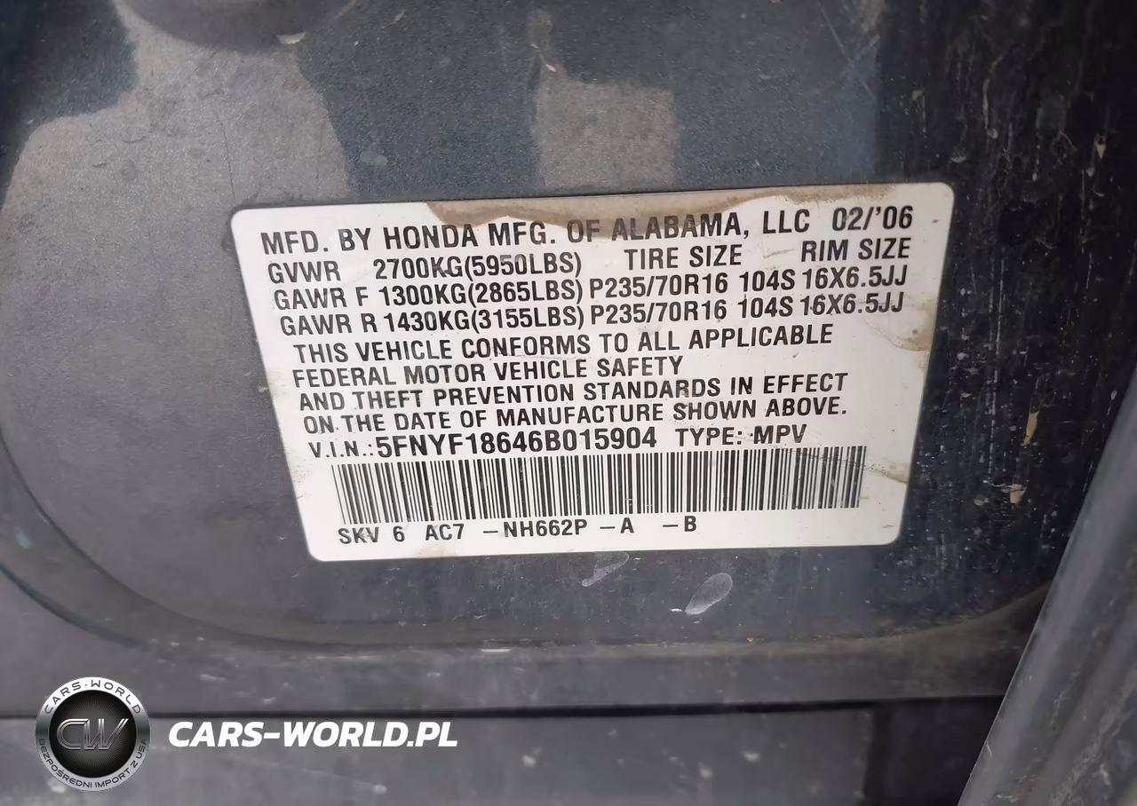 2006 Honda Pilot Ex-L VIN:5FNYF18646B015904 - 9