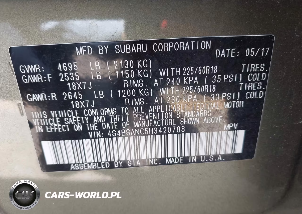 2017 Subaru Outback 2.5I Limited VIN:4S4BSANC5H3420788 - 9