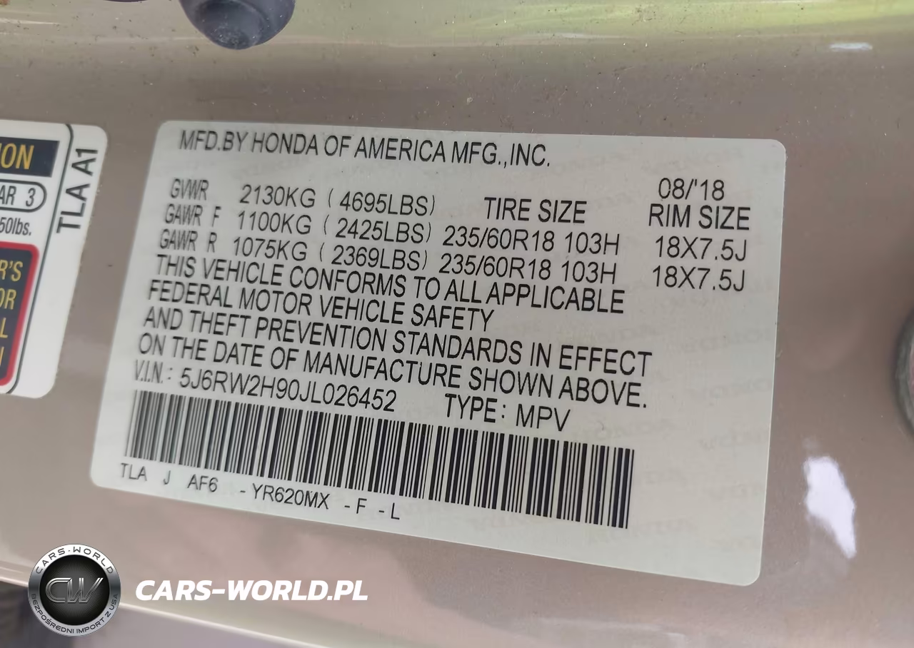 2018 Honda Cr-V Touring VIN:5J6RW2H90JL026452 - 9