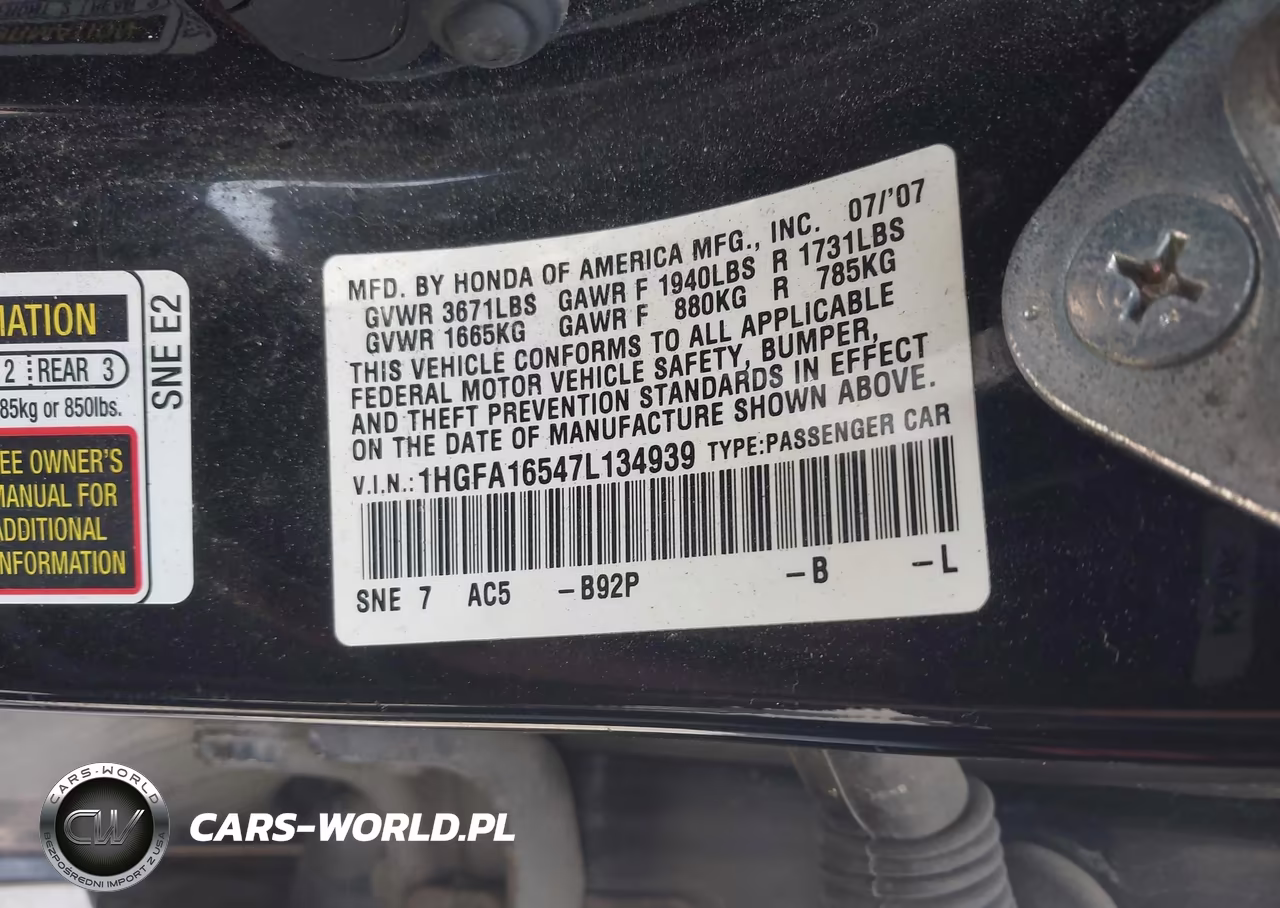 2007 Honda Civic Lx VIN:1HGFA16547L134939 - 9