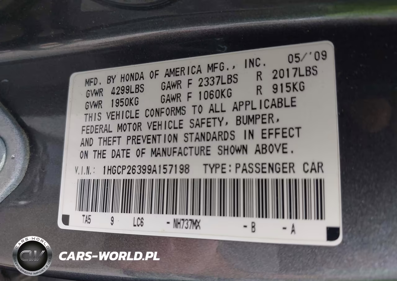 2009 Honda Accord 2.4 Lx VIN:1HGCP26399A157198 - 9