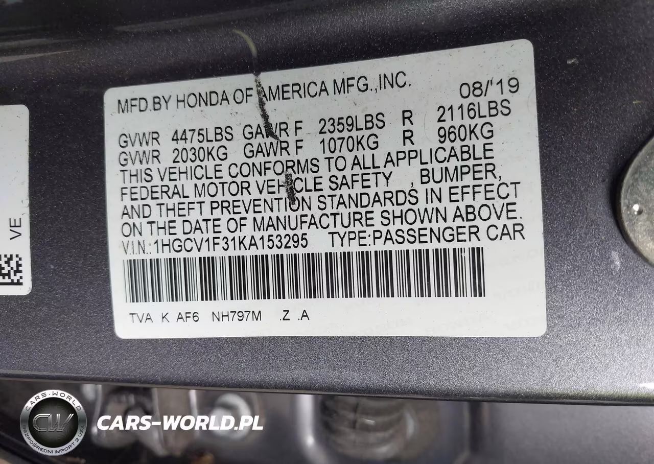2019 Honda Accord Sport VIN:1HGCV1F31KA153295 - 9
