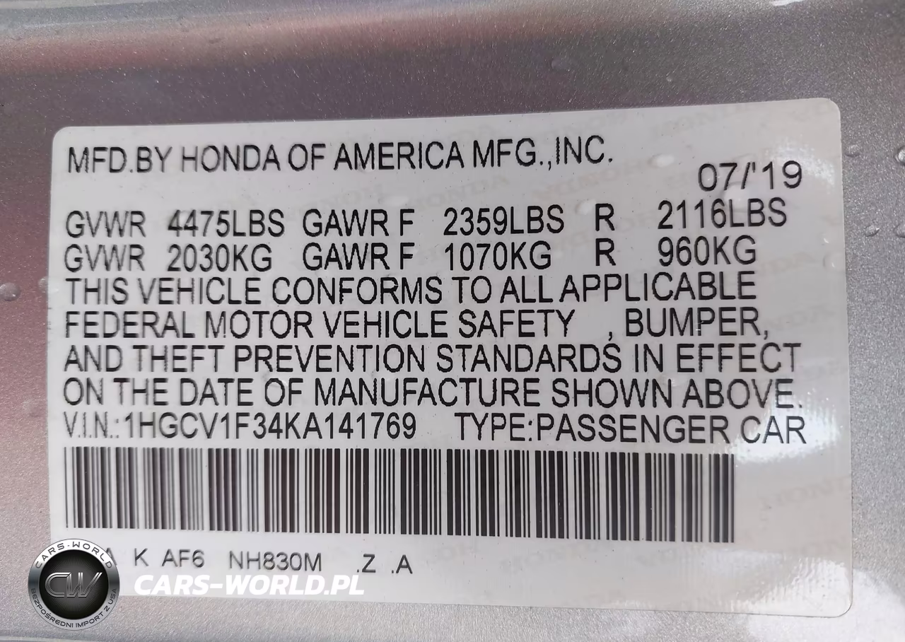 2019 Honda Accord Sport VIN:1HGCV1F34KA141769 - 9