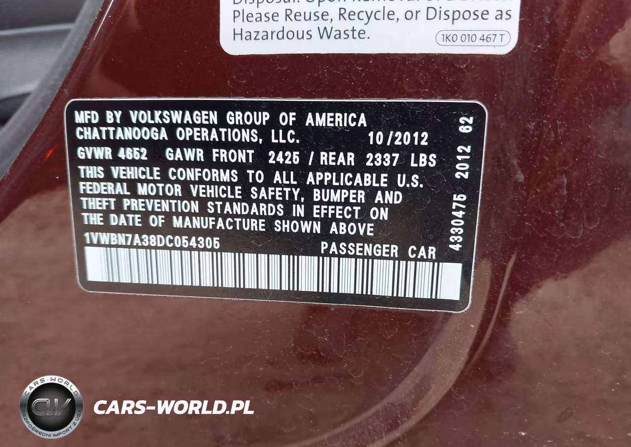 2013 Volkswagen Passat 2.0L Tdi Se VIN:1VWBN7A38DC054305 - 9