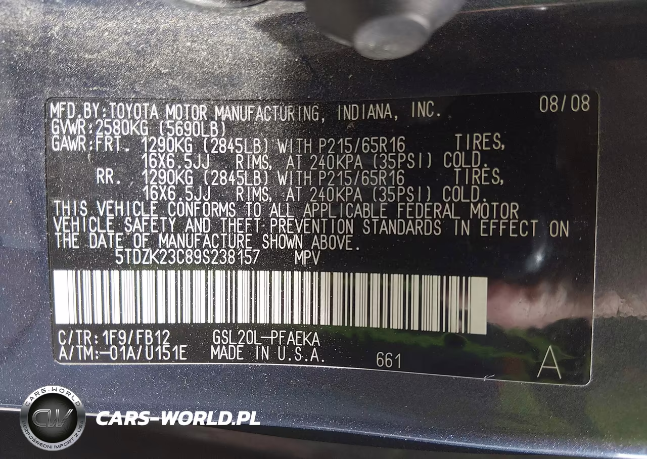 2009 Toyota Sienna Ce VIN:5TDZK23C89S238157 - 9