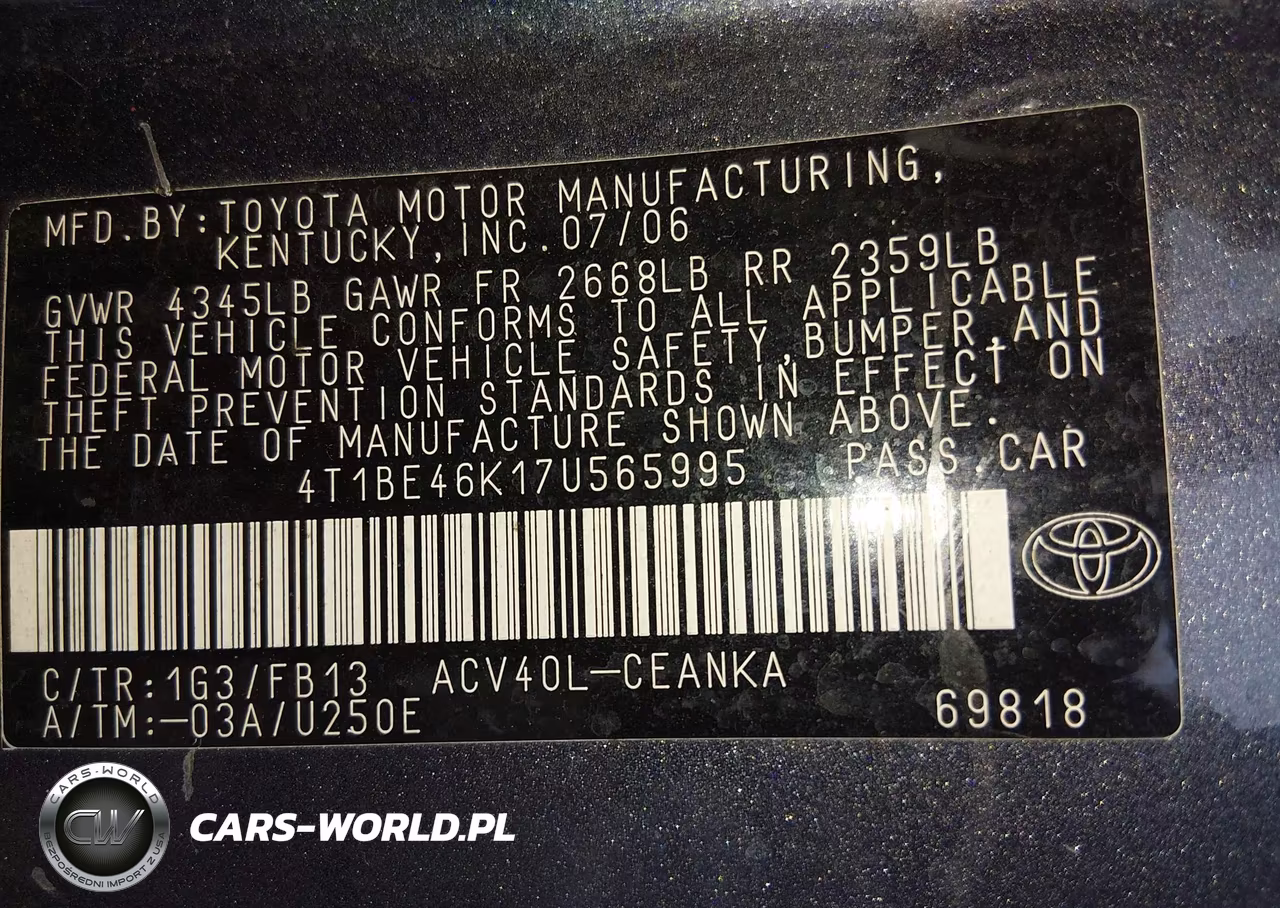 2007 Toyota Camry Le VIN:4T1BE46K17U565995 - 9