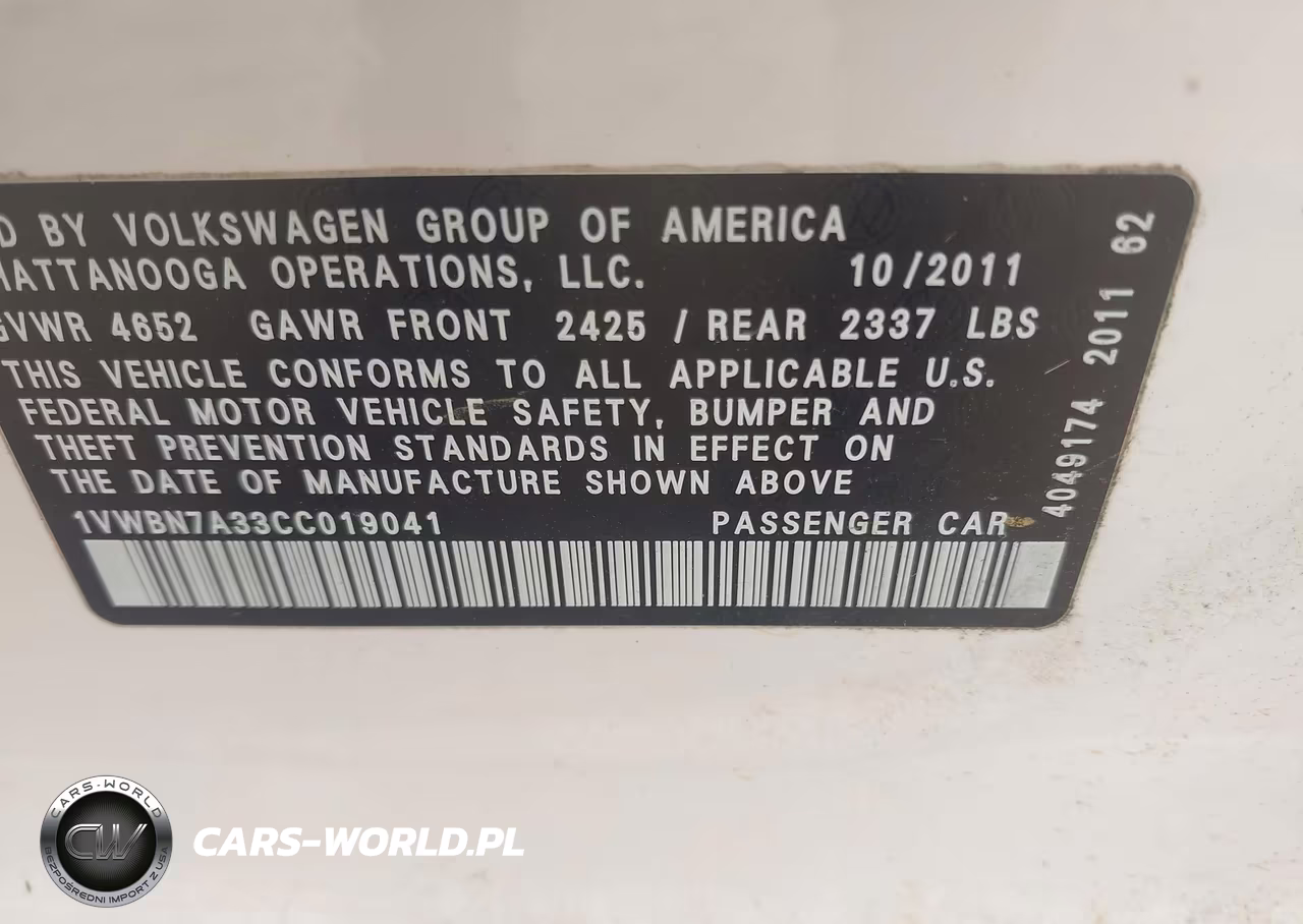 2012 Volkswagen Passat 2.0L Tdi Se VIN:1VWBN7A33CC019041 - 9