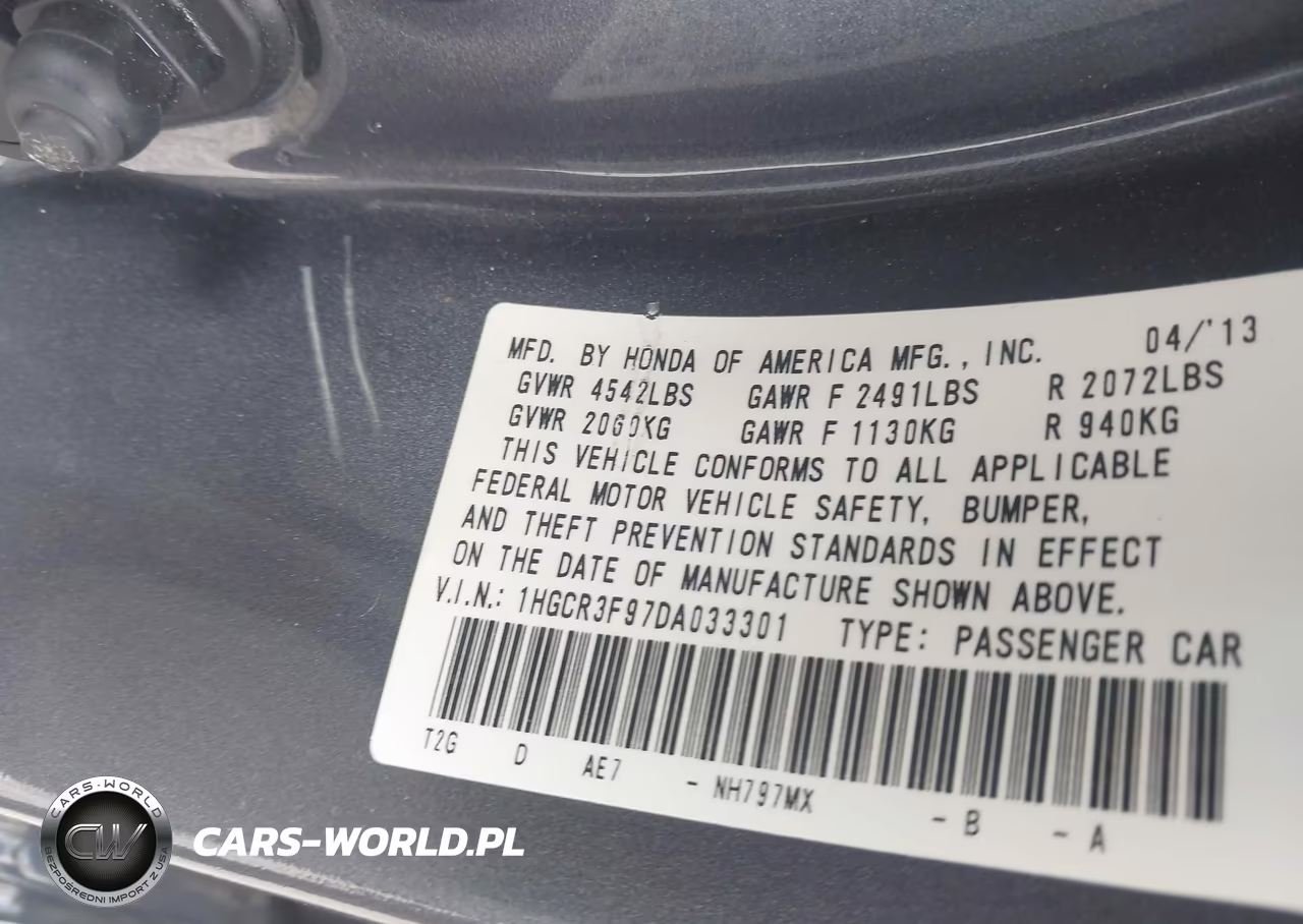 2013 Honda Accord Touring VIN:1HGCR3F97DA033301 - 9
