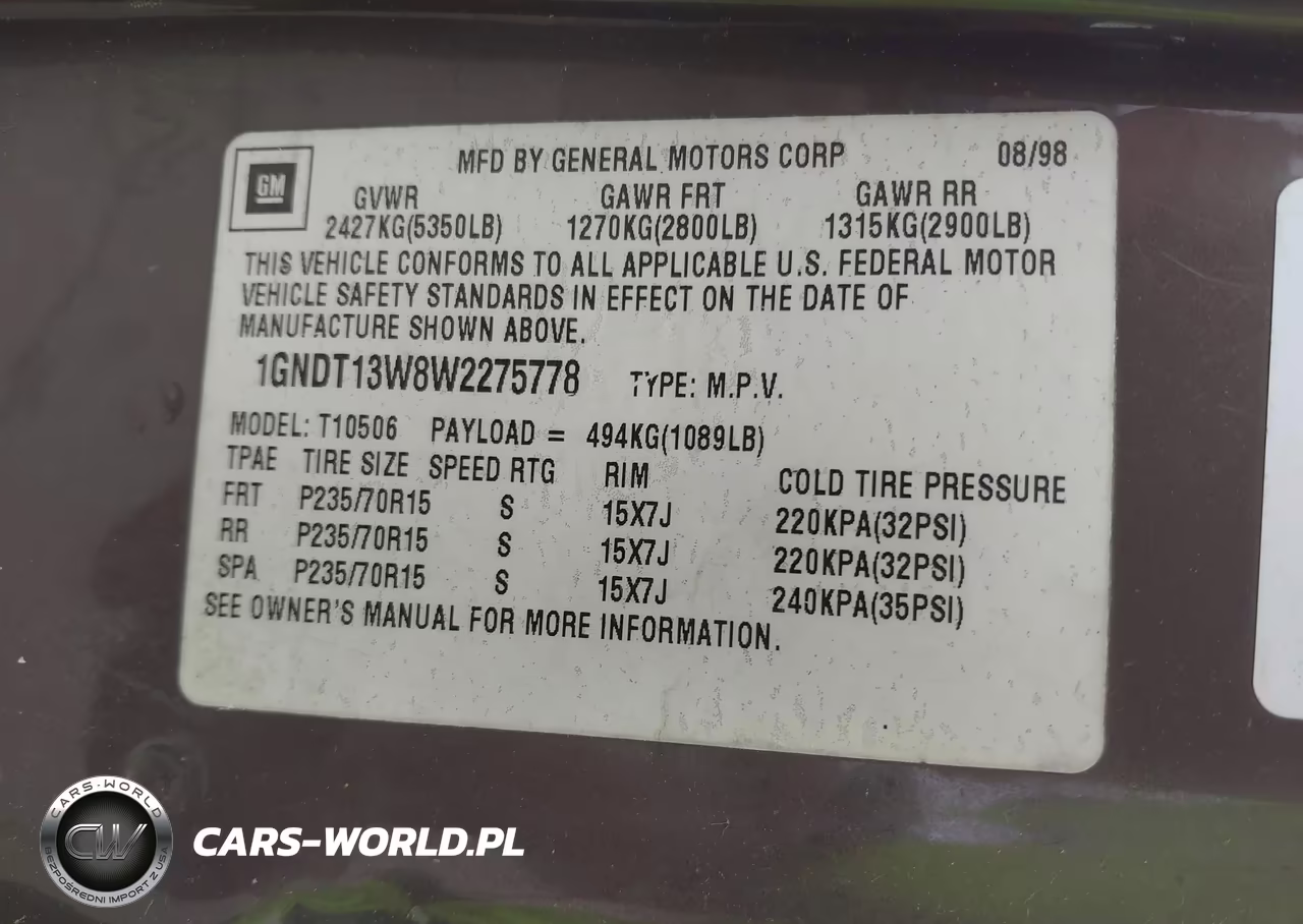 1998 Chevrolet Blazer Ls VIN:1GNDT13W8W2275778 - 9