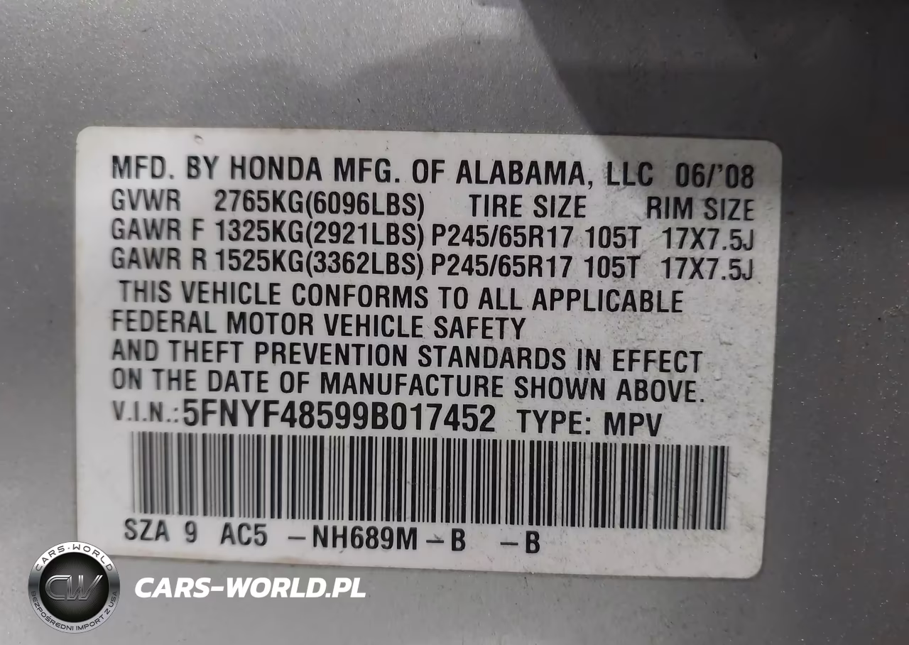 2009 Honda Pilot Ex-L VIN:5FNYF48599B017452 - 9