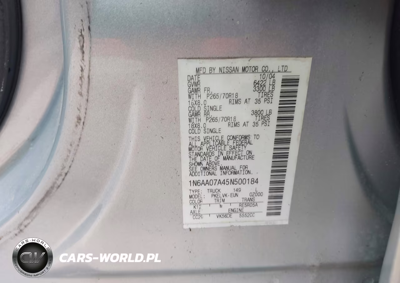2005 Nissan Titan Le VIN:1N6AA07A45N500184 - 9