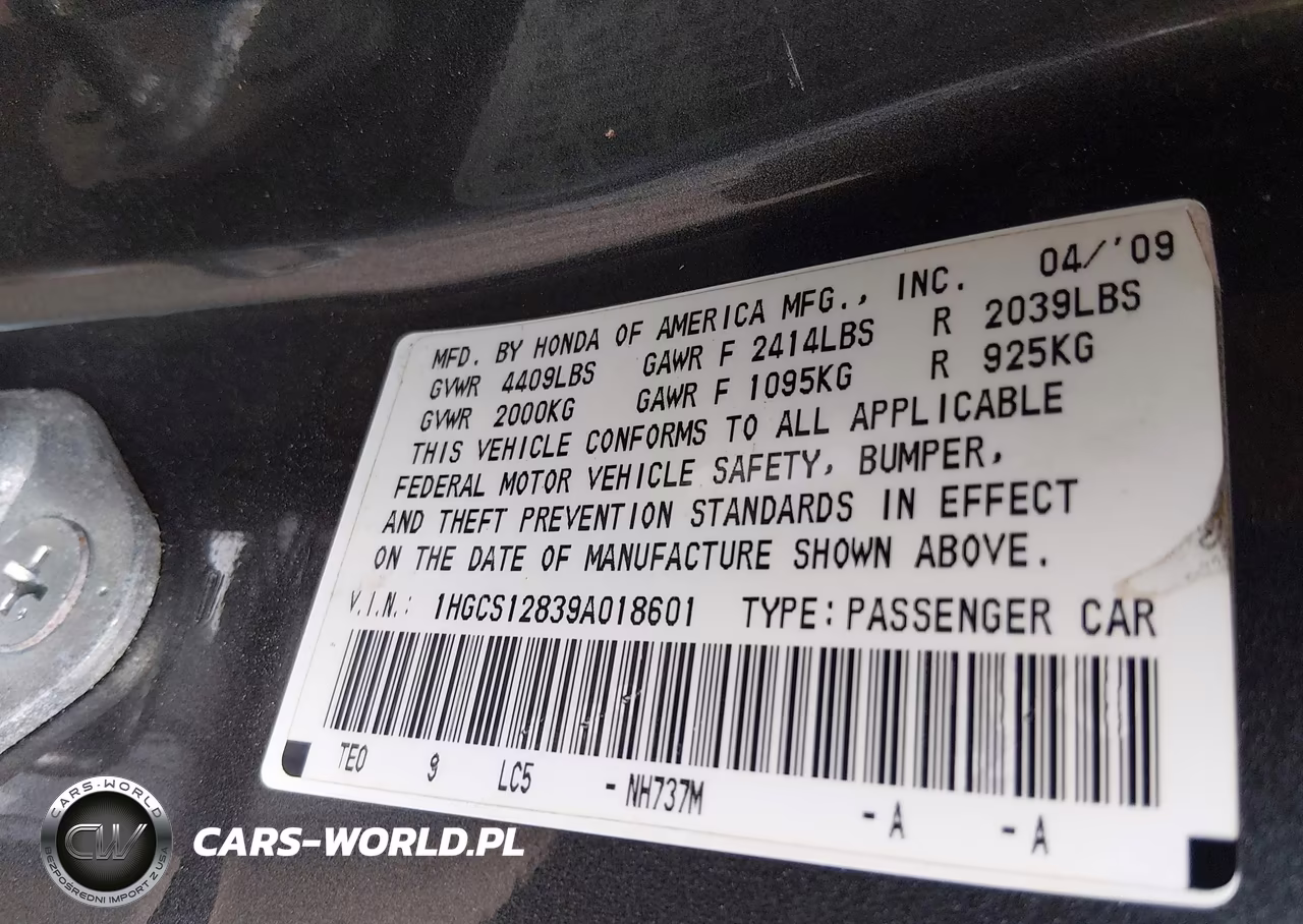 2009 Honda Accord 2.4 Ex-L VIN:1HGCS12839A018601 - 9