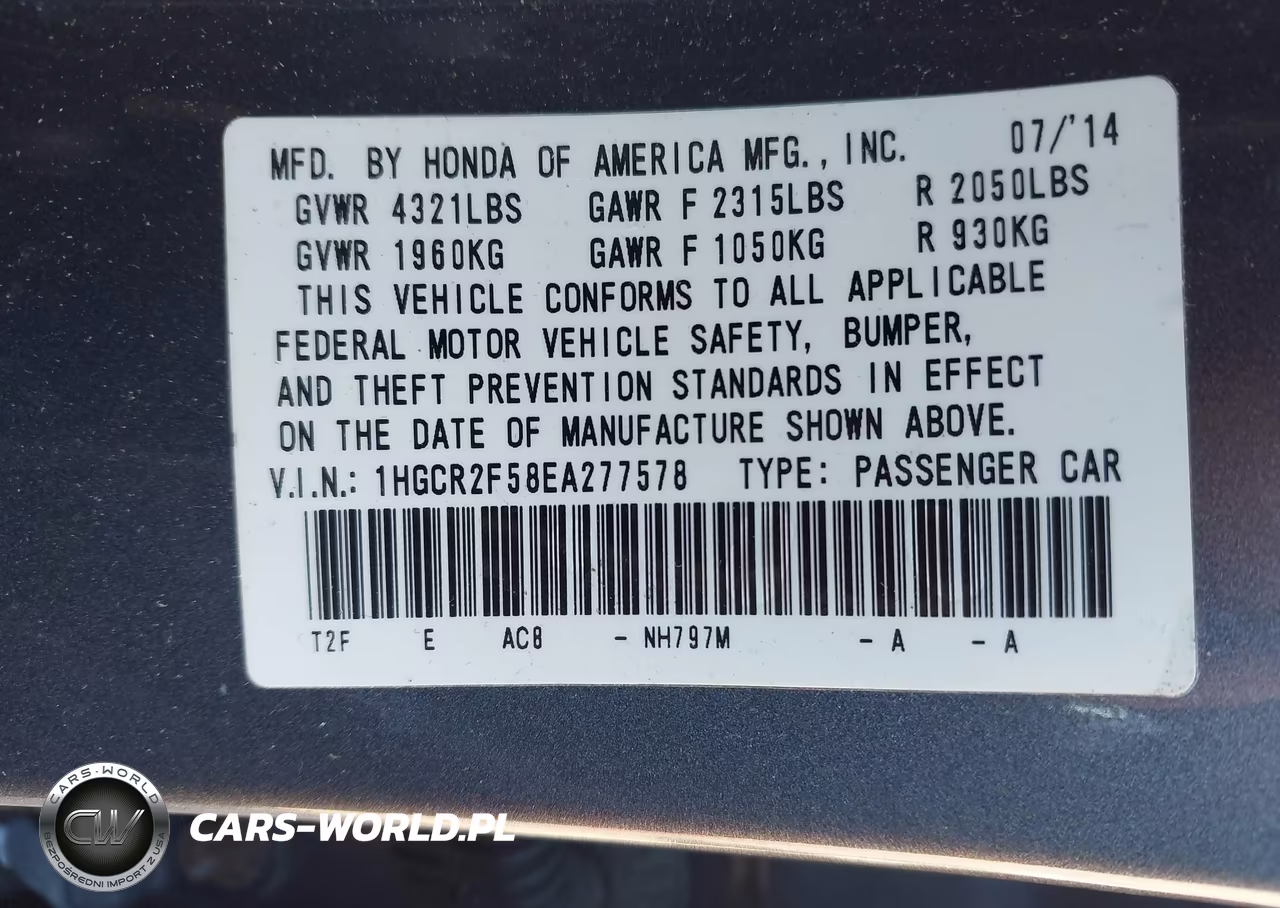2014 Honda Accord Sport VIN:1HGCR2F58EA277578 - 9