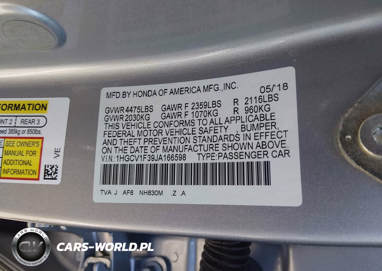2018 Honda Accord Sport VIN:1HGCV1F39JA166598 - 9