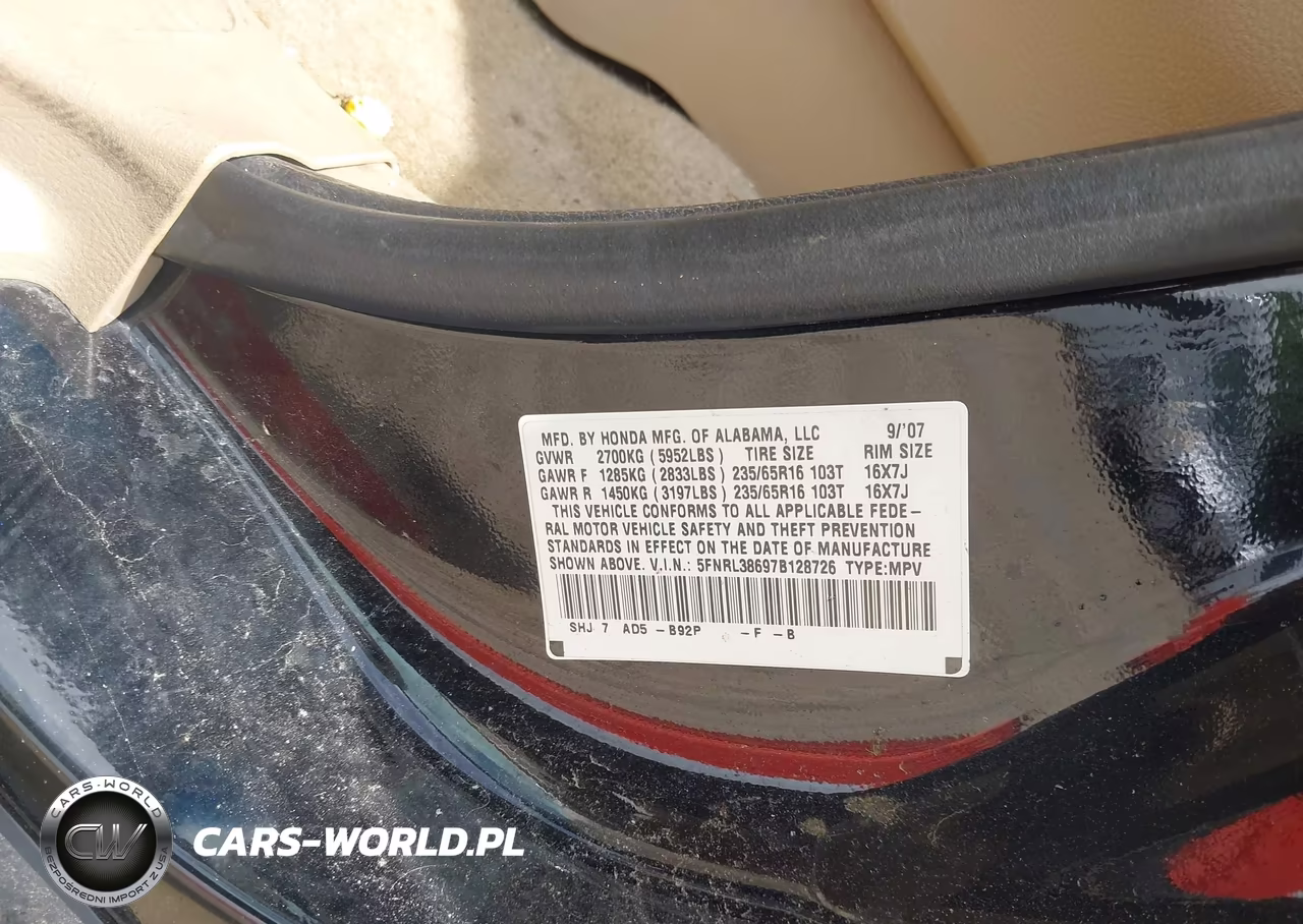 2007 Honda Odyssey Ex-L VIN:5FNRL38697B128726 - 9