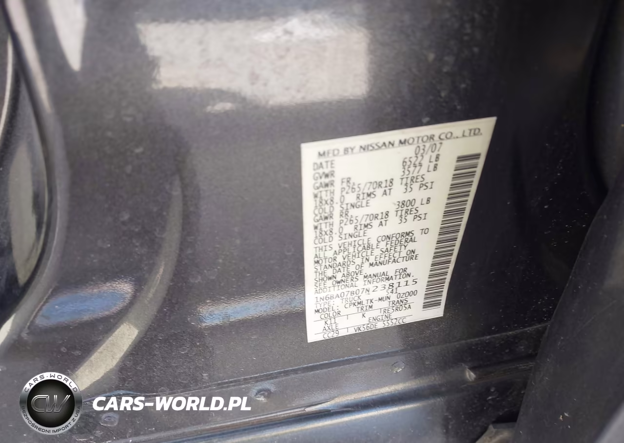 2007 Nissan Titan Se VIN:1N6BA07B07N238115 - 9