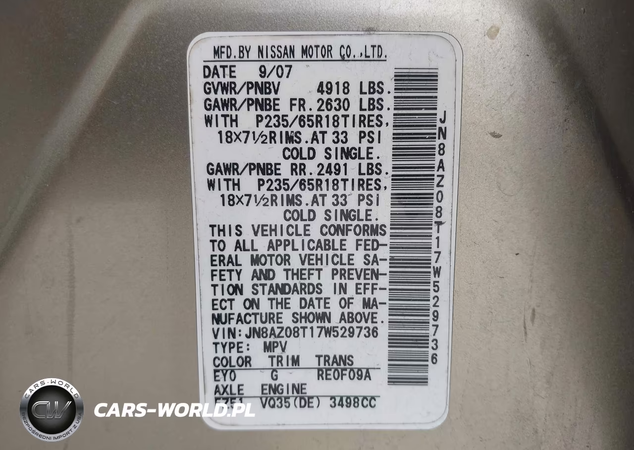 2007 Nissan Murano Sl VIN:JN8AZ08T17W529736 - 9