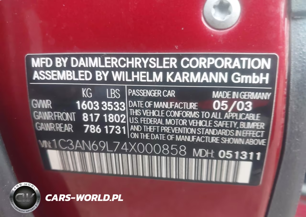 2004 Chrysler Crossfire VIN:1C3AN69L74X000858 - 9