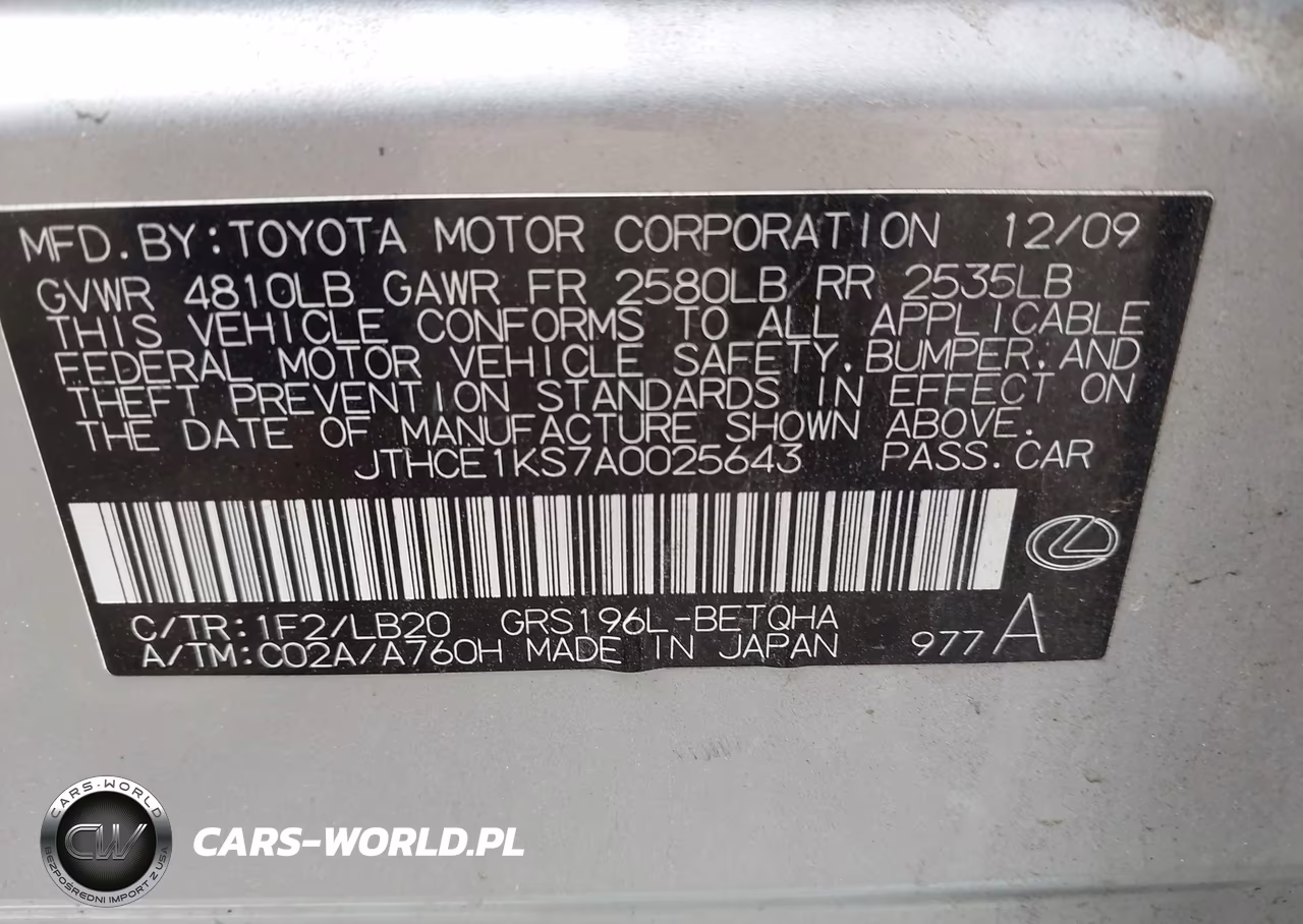 2010 Lexus Gs 350 VIN:JTHCE1KS7A0025643 - 9