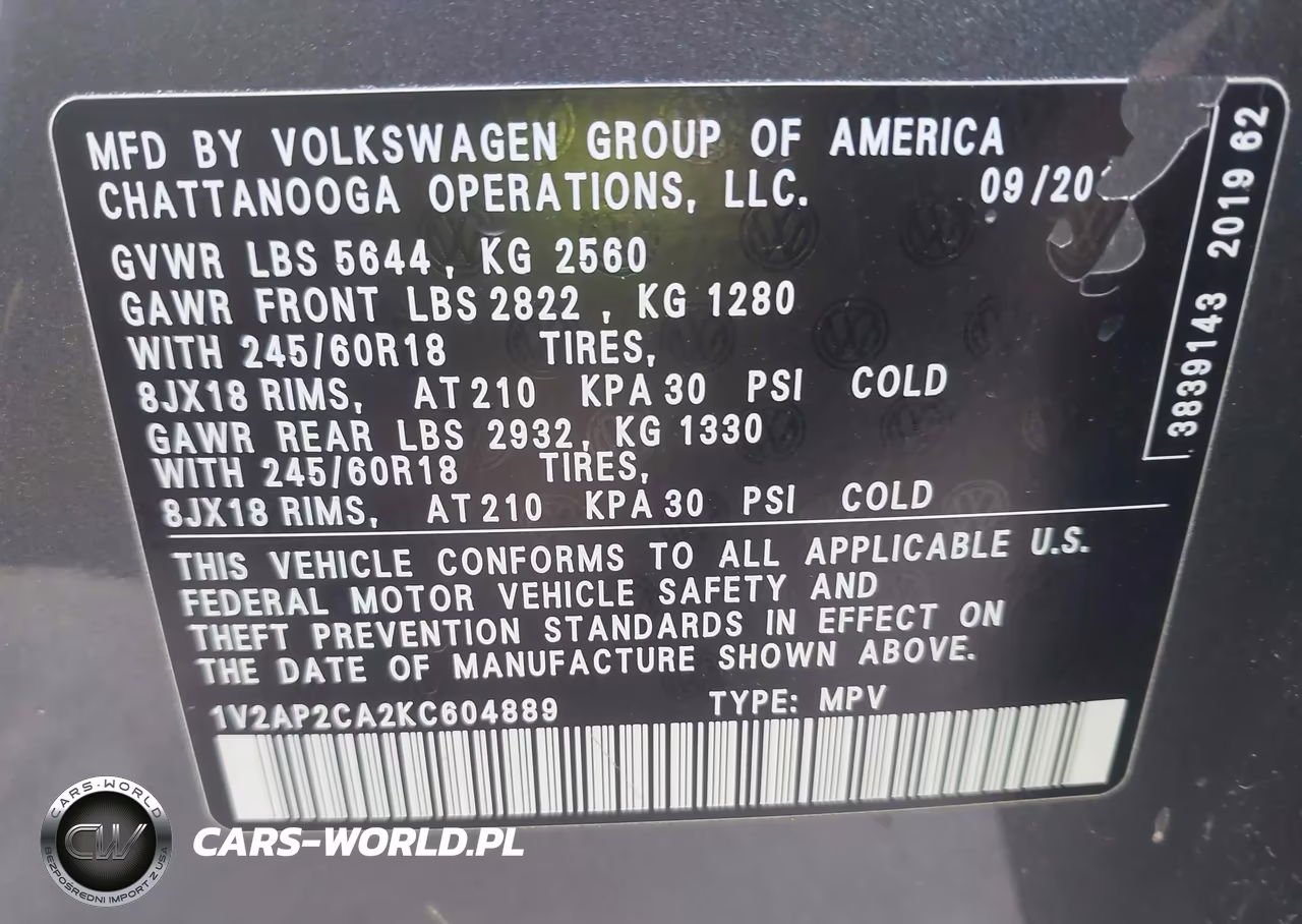 2019 Volkswagen Atlas 2.0T S VIN:1V2AP2CA2KC604889 - 9