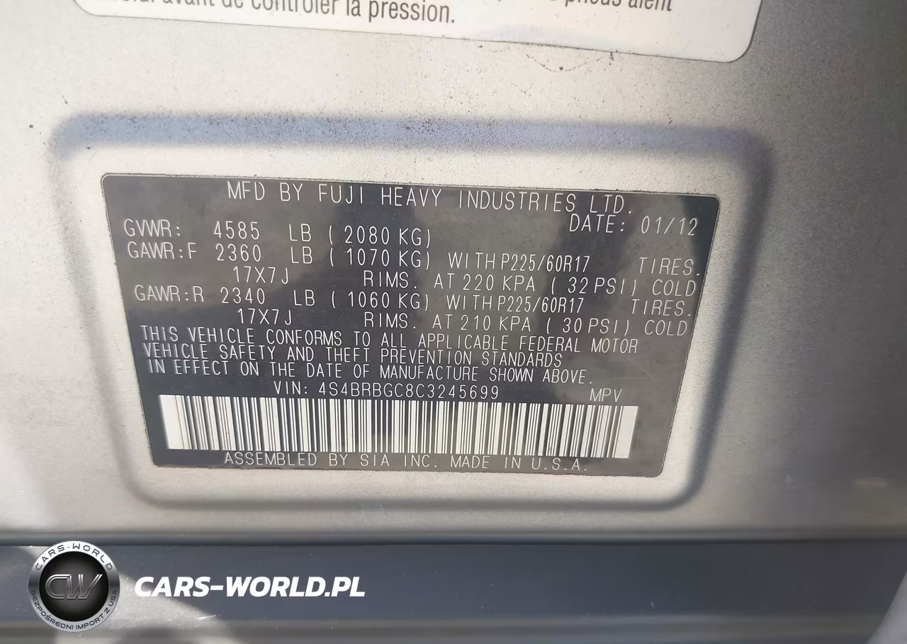 2012 Subaru Outback 2.5I Premium VIN:4S4BRBGC8C3245699 - 9