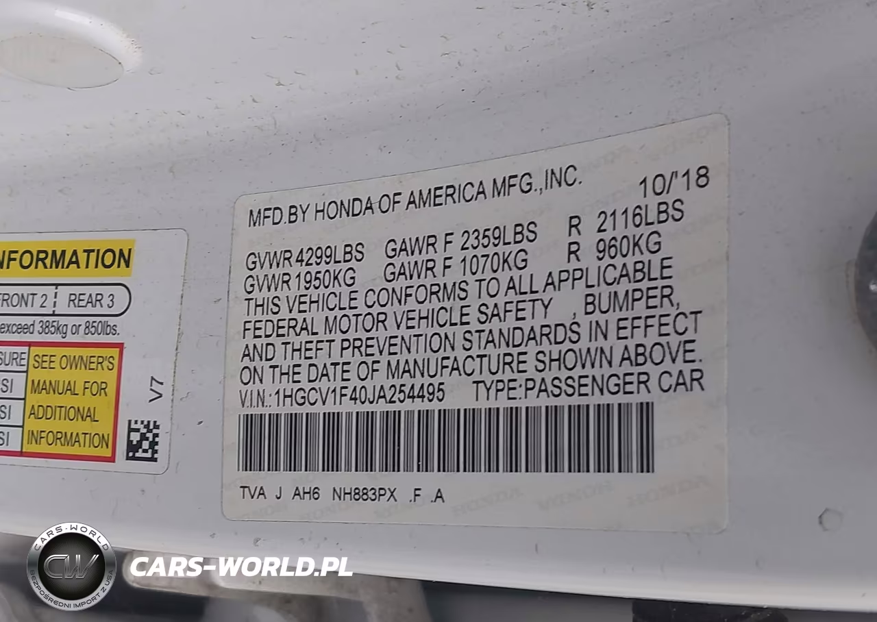 2018 Honda Accord Ex VIN:1HGCV1F40JA254495 - 9