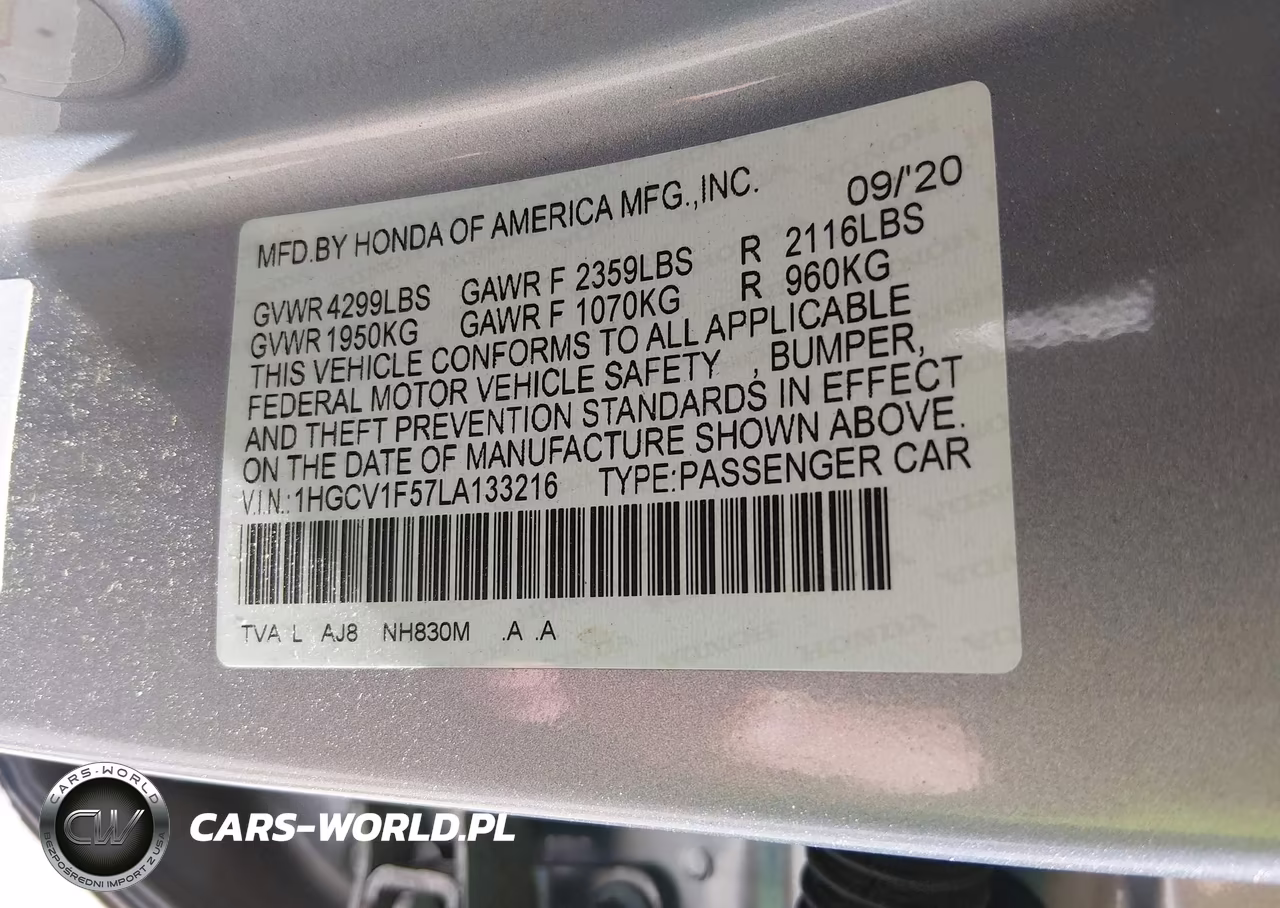 2020 Honda Accord Ex-L VIN:1HGCV1F57LA133216 - 9