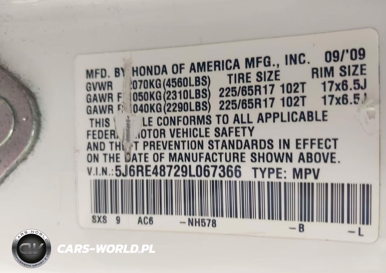 2009 Honda Cr-V Ex-L VIN:5J6RE48729L067366 - 9