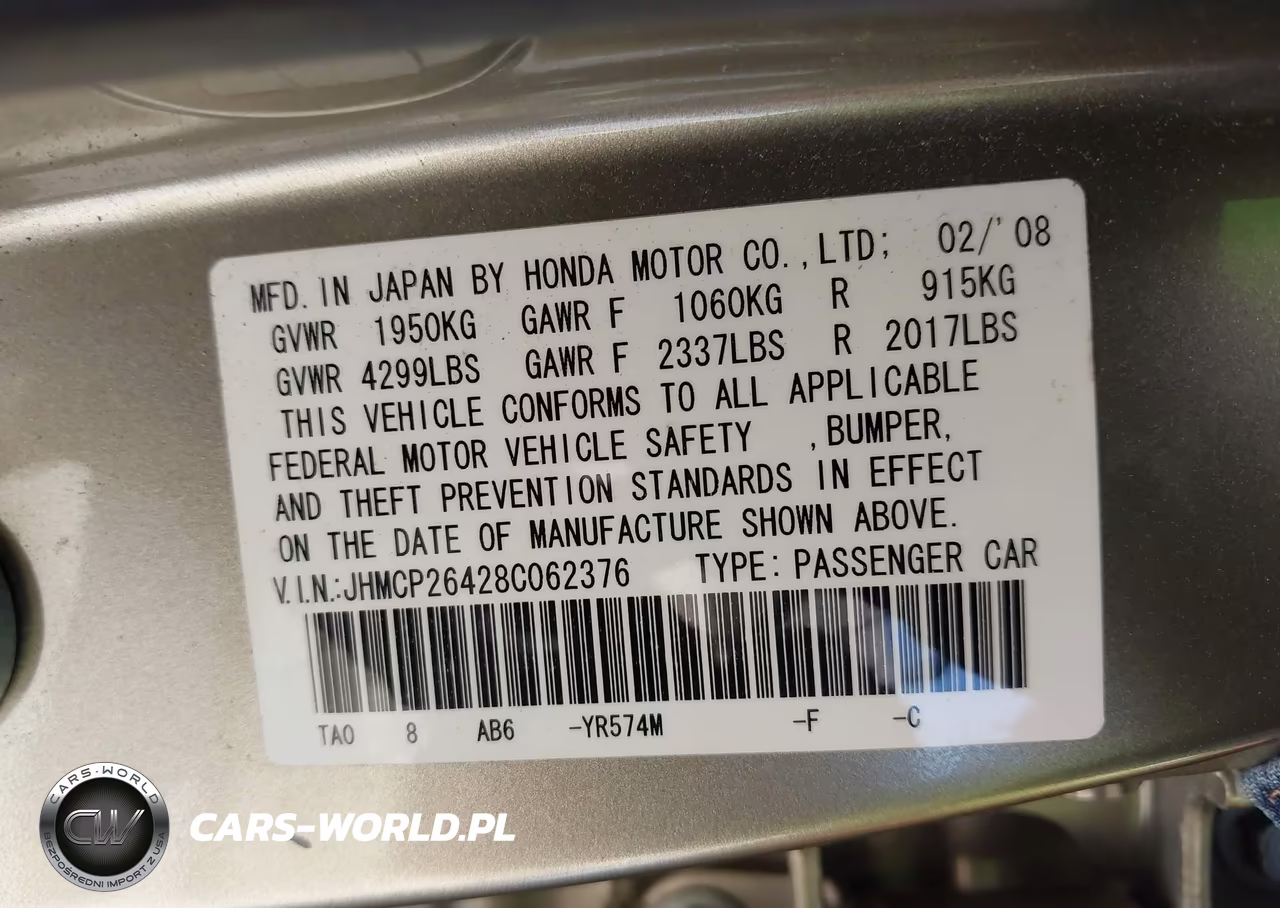 2008 Honda Accord 2.4 Lx-P VIN:JHMCP26428C062376 - 9