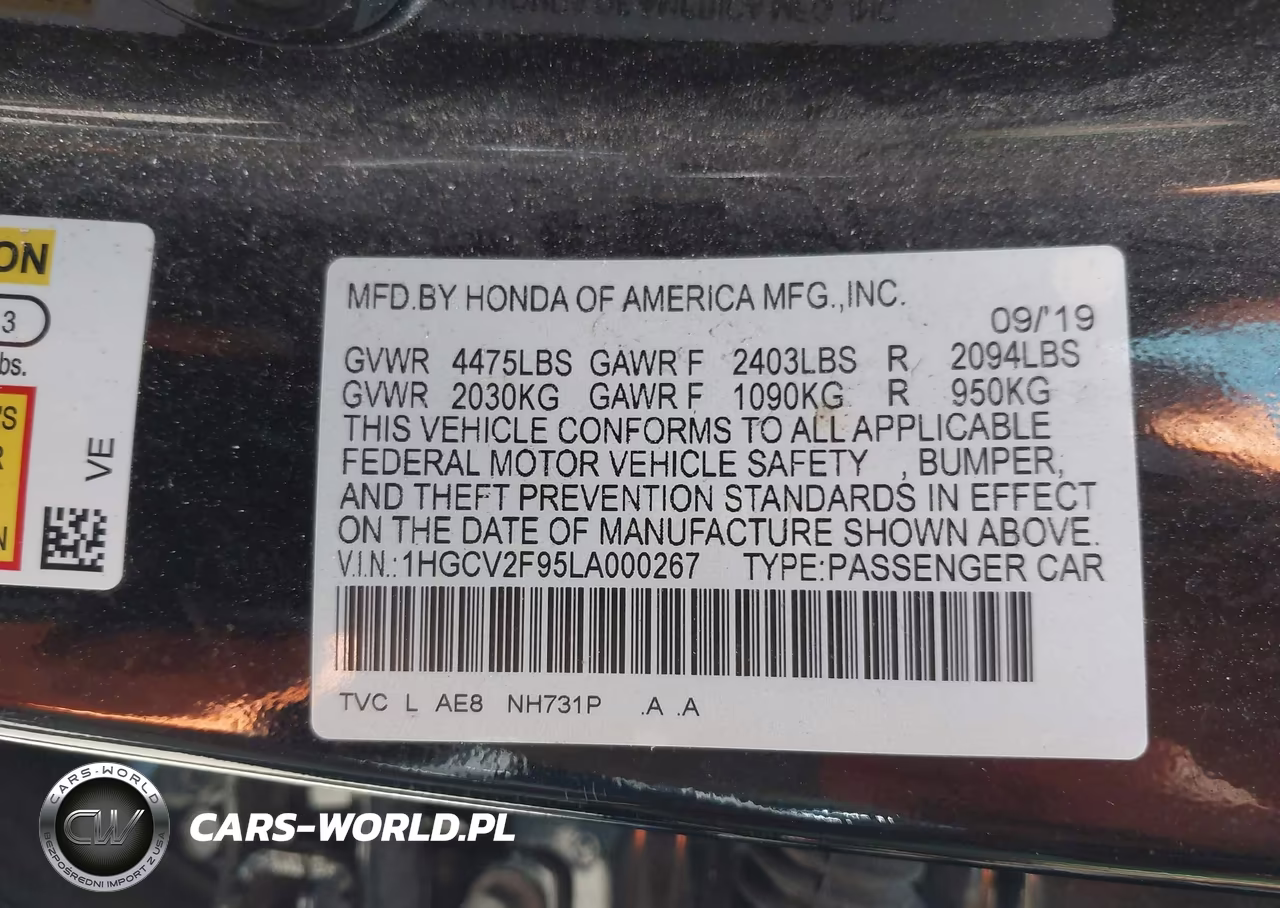 2020 Honda Accord Touring VIN:1HGCV2F95LA000267 - 9